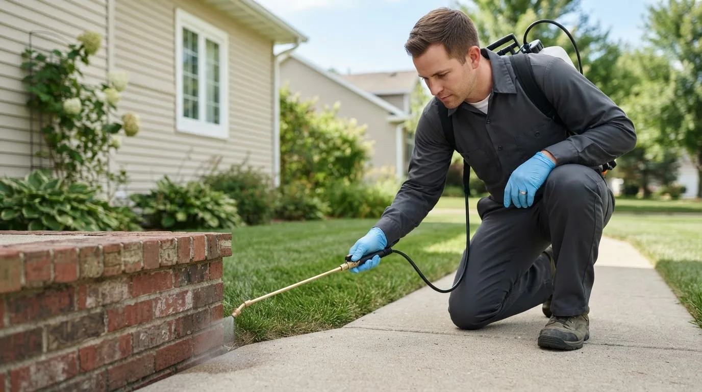 Pest control technician treating a home near Keota, OK