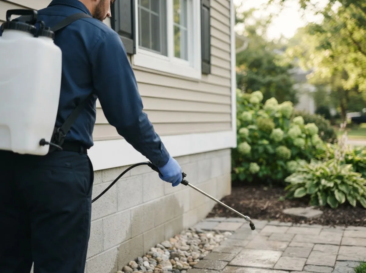 Pest control technician inspecting a home in Keota, OK